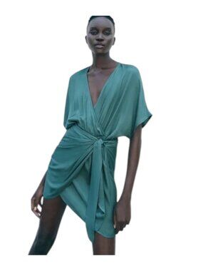 ZARA Satin Wrap Mini Dress Green Side Tie V Neck Flowy Size L